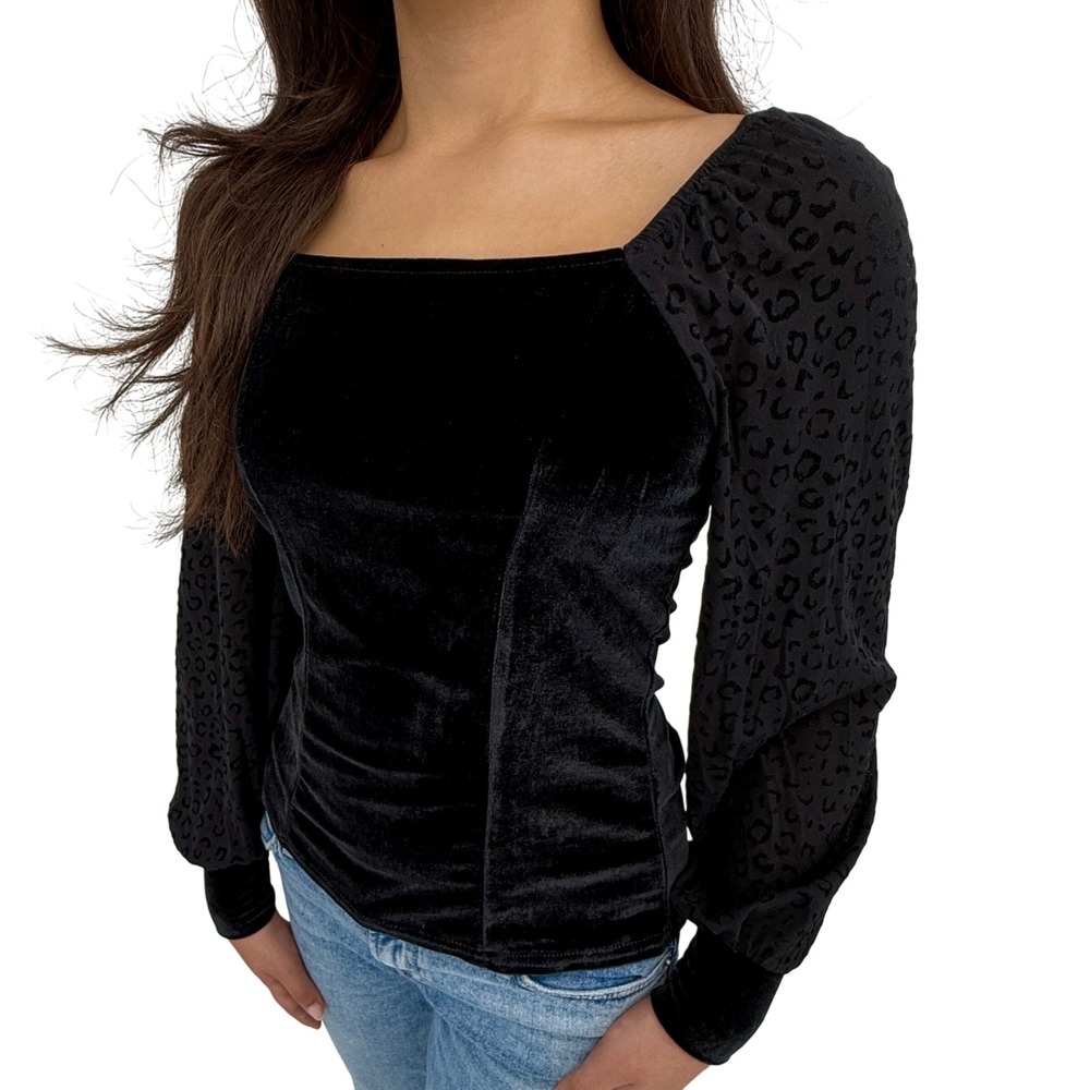 Ember Black Velvet Sheer Leopard Long Sleeve Blouse Top Sz S Smocked Back Witchy